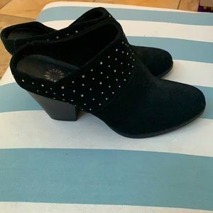 Yellow box mules black with rhinestones